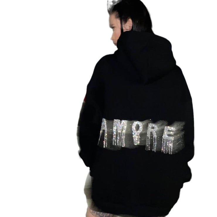 Back Letter Fashion Brand Rhinestone Fringe Design Sweatshirt