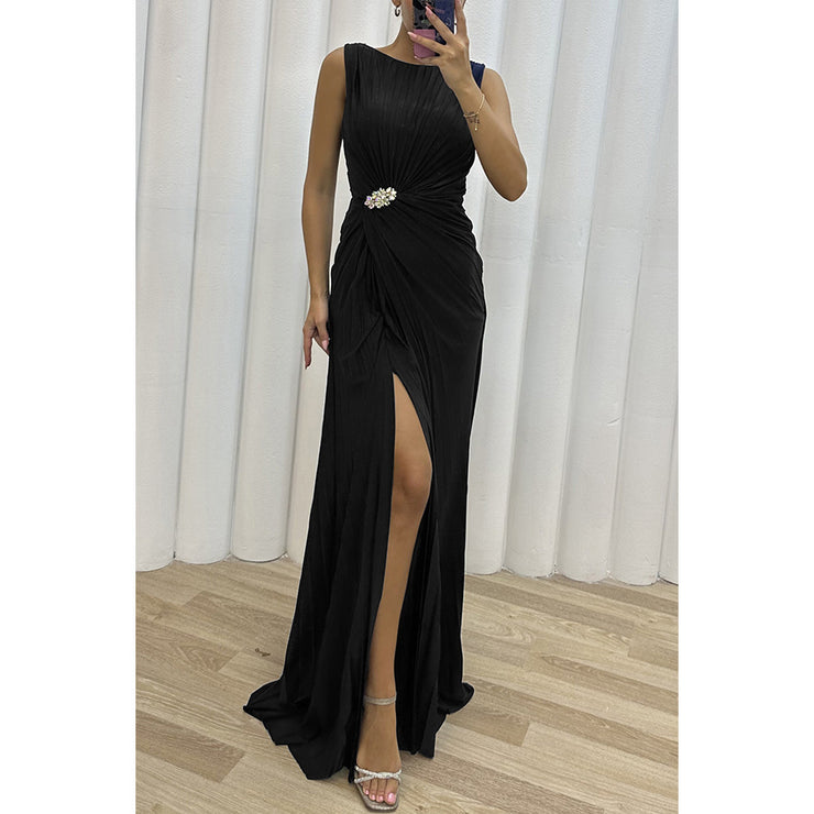 Pleated Slit Casual Dress INS Sleeveless Fashion Dress Evening