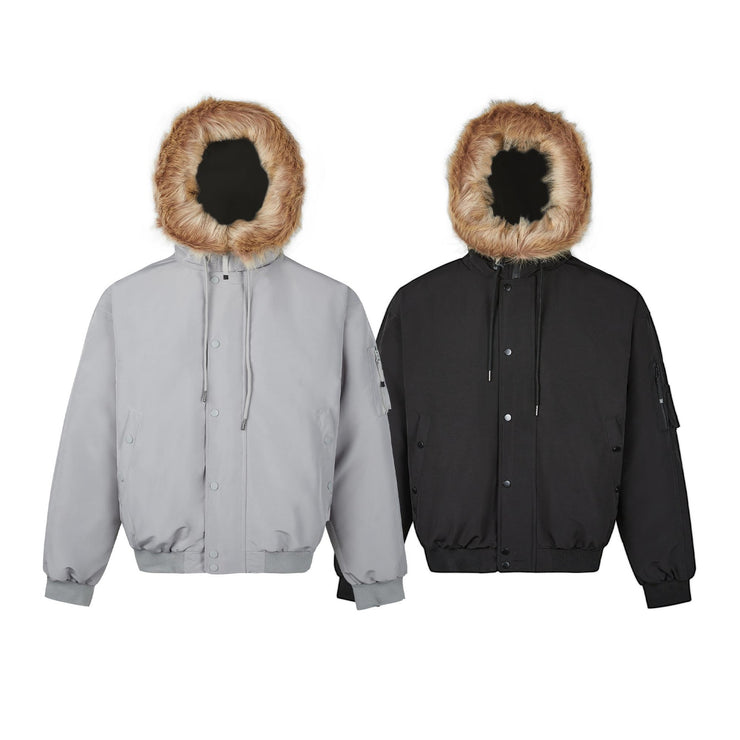 Warm Puffer Jacket with Mountain Carving Fur Collar Coat for Men