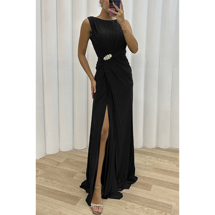 Pleated Slit Casual Dress INS Sleeveless Fashion Dress Evening