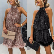 Shiny Sequin Halter Fashion Dress INS Casual Tie-Back Sleeveless