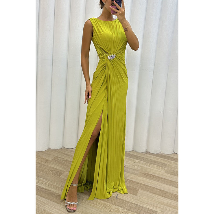 Pleated Slit Casual Dress INS Sleeveless Fashion Dress Evening