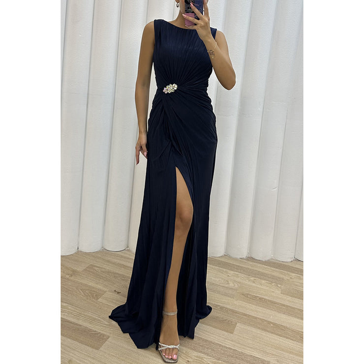 Pleated Slit Casual Dress INS Sleeveless Fashion Dress Evening