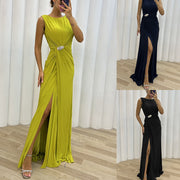 Pleated Slit Casual Dress INS Sleeveless Fashion Dress Evening
